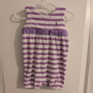 Ralph‎ Lauren Purple and White Striped Terry Cloth Romper With Bow